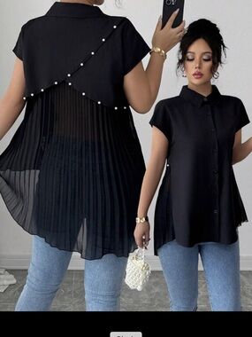 SHEIN Black Pleated Back see-through with Pearl-Trim Button-Down Top size XL